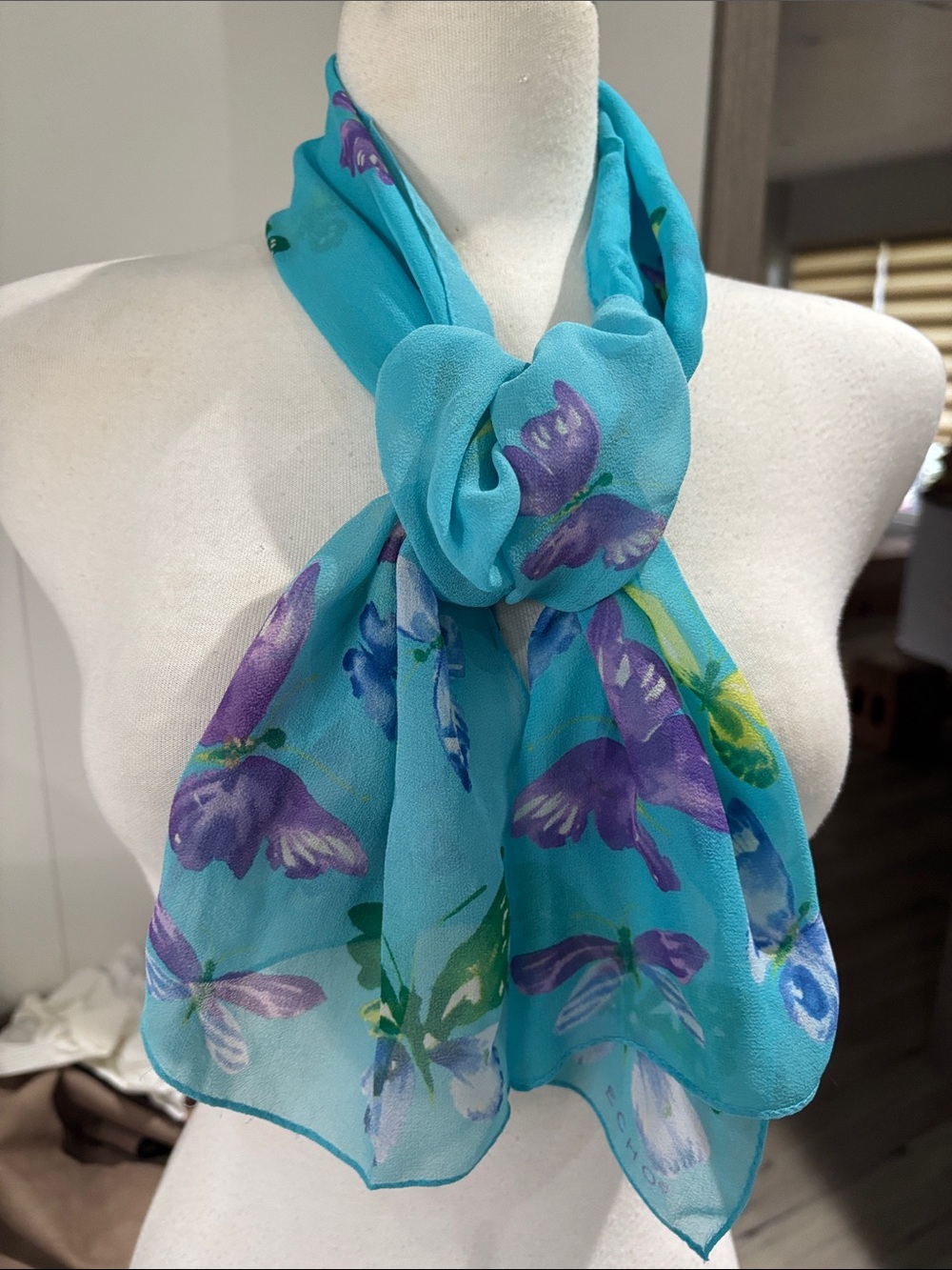 Echo Turquoise Floral Silk-Blend Scarf with Purple & Green Accents silk.